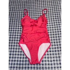 Calvin Klein Womens Ruched One Piece Swimsuit Pink Sweetheart Neck Size 4